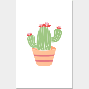 Tall cactus with blooming flower in a ceramic pot Posters and Art